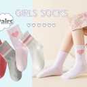 Girls Socks Kids Pink Crew Athletic Socks with Hearts Striped 4 Pairs for Children 4-12 Years