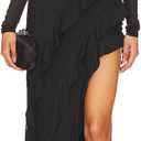 Women Long Sleeves Mesh Tassel Ruffle Maxi Dress With High Slit Party Dress | Asymmetrical Ruffle Hem Side Split Bodycon Dress Open Back Evening Gowns Prom Wedding Guest Date Night Cocktail Party Dress (Black, L)