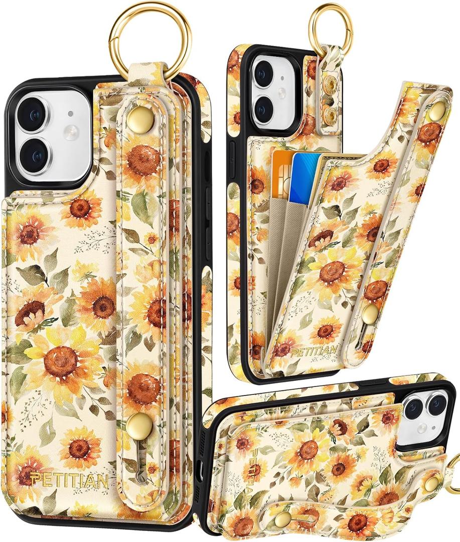 Petitian for iPhone 11 Case with Wallet - Women Girls Cute Girly Aesthetic Unique Design Leather Credit Card Holder Cardholder Stand Wristband for iPhone 11, Sunflower