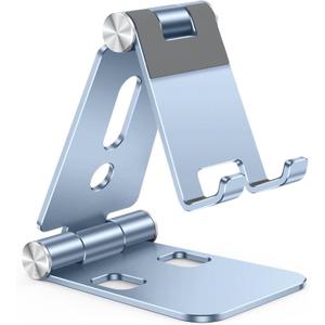 OMOTON Foldable Cell Phone Stand, C4 Portable Aluminum Phone Holder, Adjustable Phone Dock Cradle Compatible with iPhone 17/16/15 Pro Max Air, Samsung Galaxy, Small Tablets, Smart Phones, Light Blue