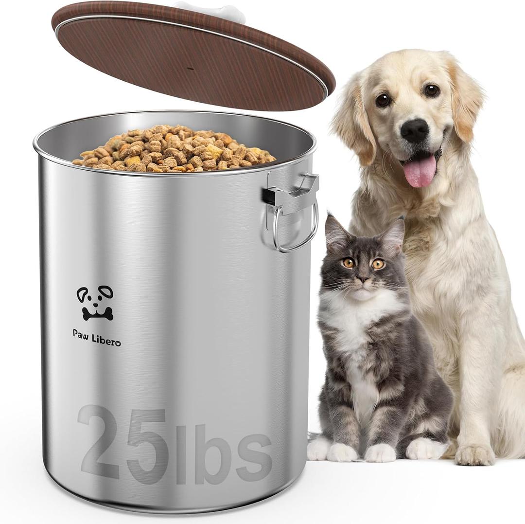 Paw Libero 25 Lbs Stainless Steel Dog Food Storage Container with Airtight Wooden Lid & Ceramic Bone Handle, Large Metal Dog Food Bin for Dogs & Cats, Keep Fresh, Easy to Clean, 25 lbs - 1pk