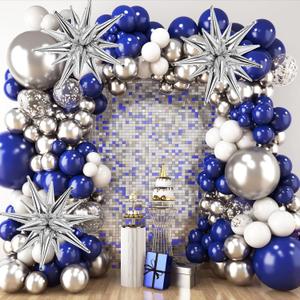 RUBFAC Blue and Silver Balloon Arch Kit, Navy Blue Silver White Graduation Balloons, 140pcs Confetti Star Latex Balloons for Birthday Wedding New Year Party Decorations