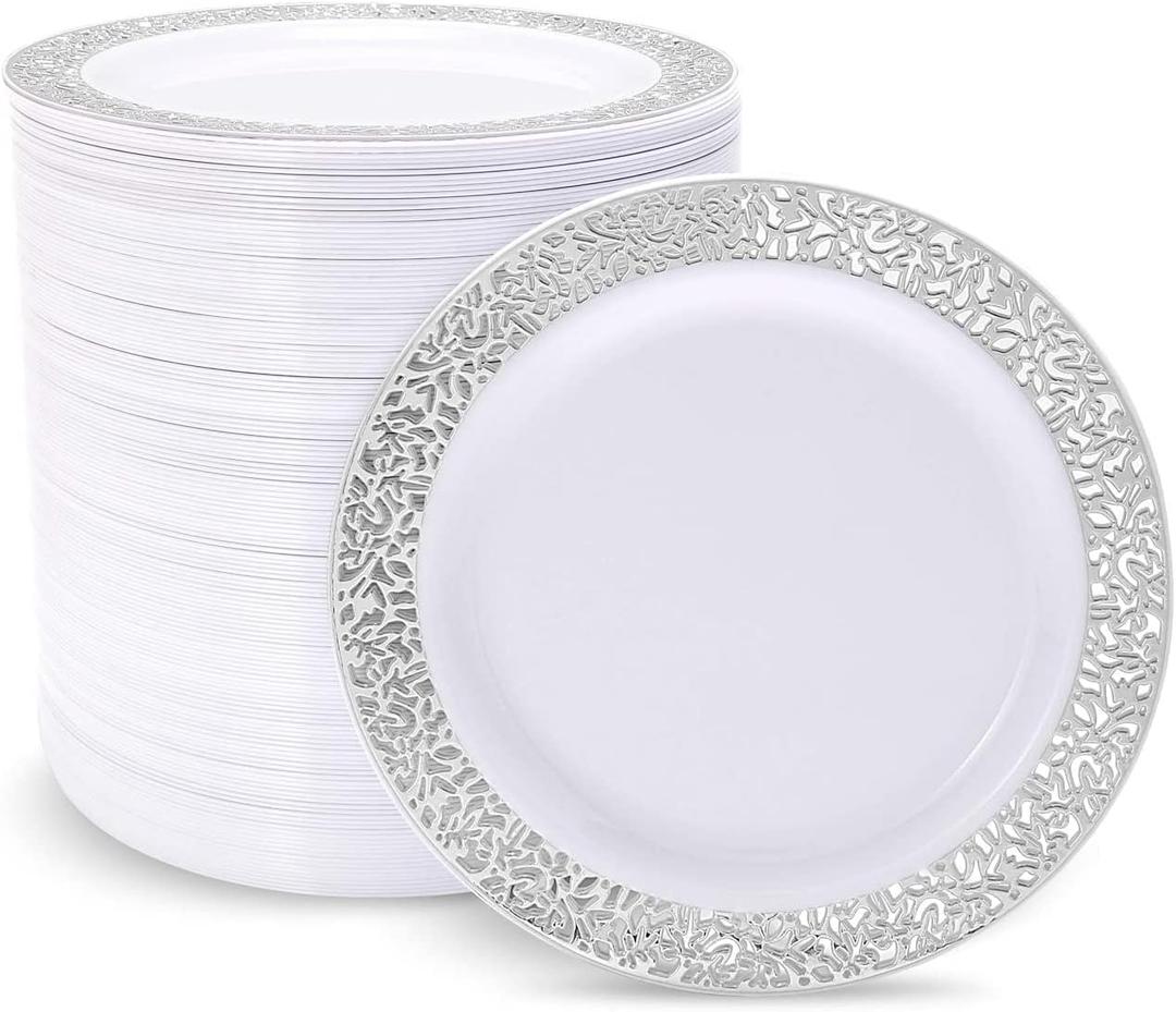 supernal 100pcs Silver Plastic Plates10.25 For Big Party Lace White Plastic Plates with Silver Rim Disposable Dinner Plates Heavy Duty for Party Wedding Birthday