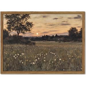 Vintage Farmhouse Wall Art, Rustic Floral Wall Decor Paintings, Twilight Firefly Artwork Painting Field Nature Landscape Canvas Prints for Bedroom Living Room 12x16 inch Wood Framed