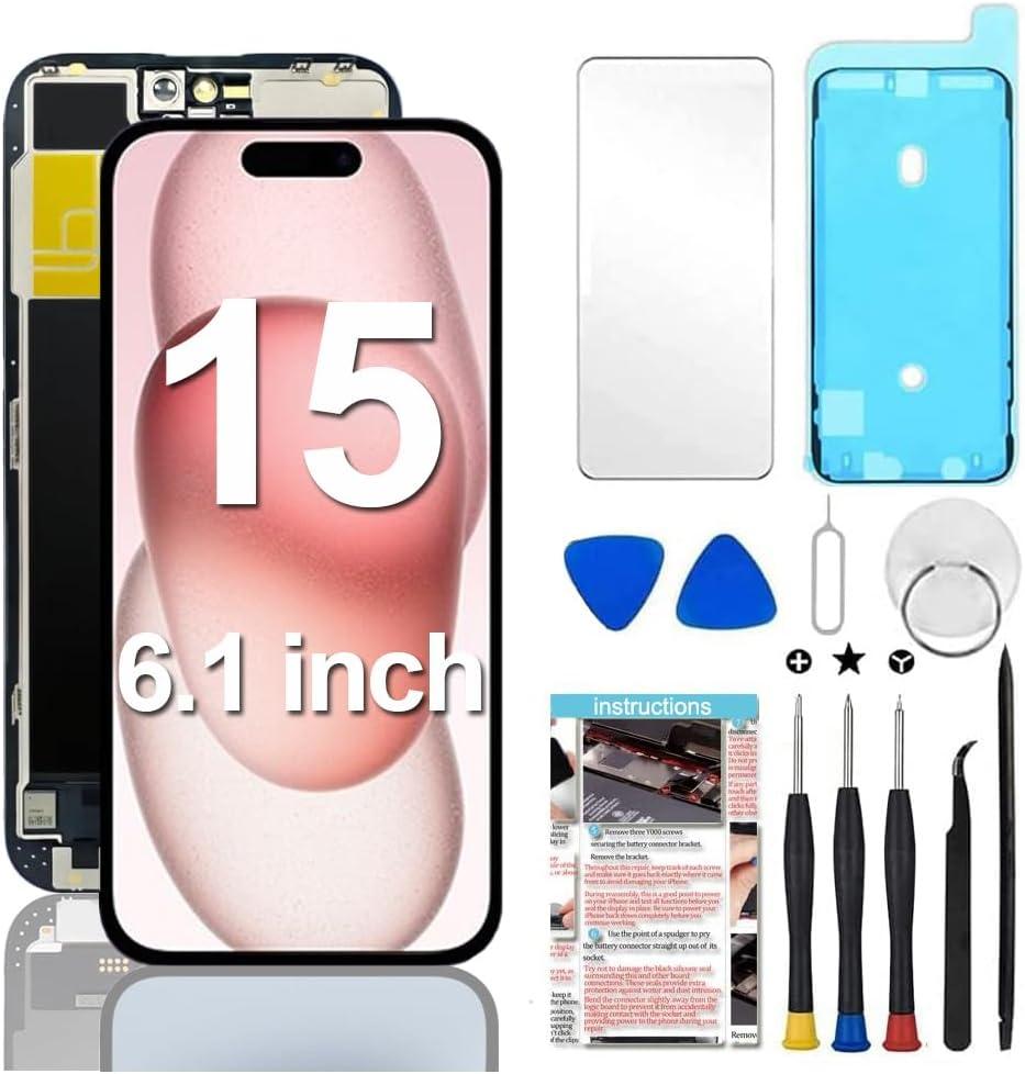 for iPhone 15 Screen Replacement 6.1 inch, 3D Touch LCD Display Digitizer Assembly with Repair Tools,Compatible with Model A2846, A3089, A3092, A3090
