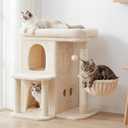 Heybly Cat Tree, 25.6-inch Cat Tower with Spacious Top Perch for Large Cats, Stair-Style Cat House Furniture with Dual-Layer Condos, Sisal Scratching Posts, Cozy Basket & Pompom, Beige HCT204SM