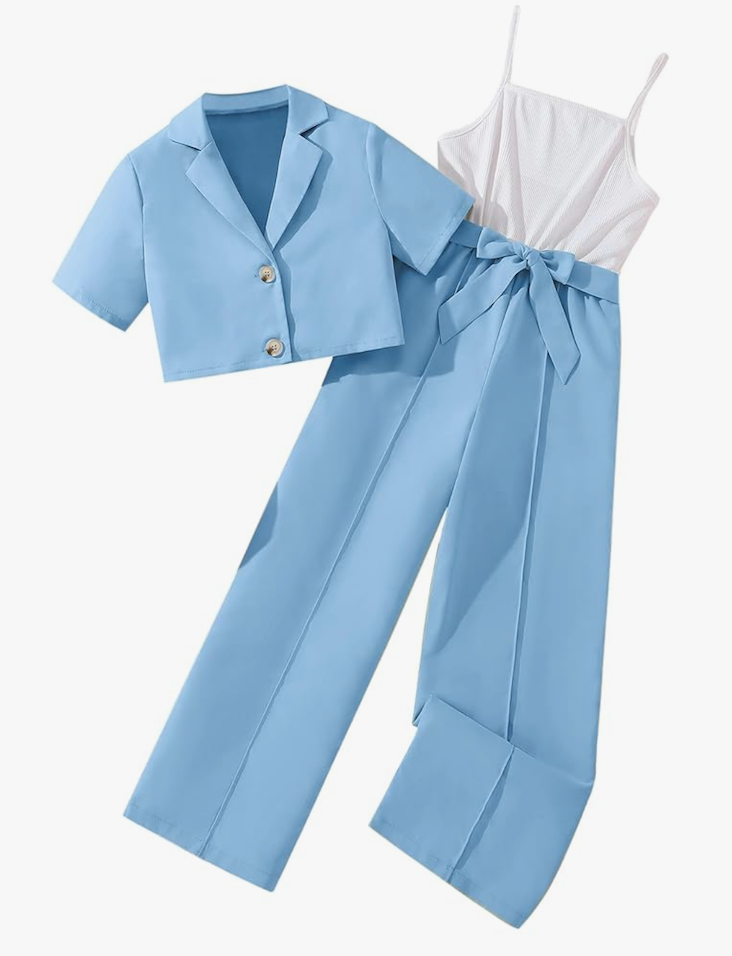 Hilinker Girl's 2 Piece Outfits Short Sleeve Blazer and Belted Sleeveless Jumpsuit Sets, 13-14Y