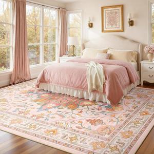 RELEANY Area Rugs 8'x10' Washable Non-Slip, Floral Vintage Distress Print Pattern Medallion Carpet for Living Room Bedroom Dining Room, Light Pink Colorful