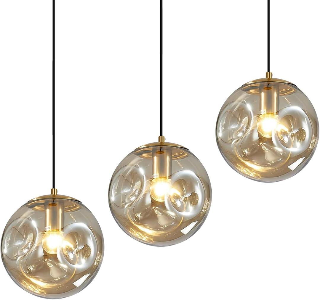 Modern Amber Concave Glass Pendant Light, 3-Pack Kitchen Island Lighting Single Globe Pendant Light Fixtures Century Kitchen Island Pendant Light for Bedroom Dining Room Light (Without Bulbs)