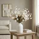 20pcs White Artificial Flowers Bulk For Vase That Look Real, White Flower Centerpiece For Table, Silk Floral Home Decor Indoor, Faux Kiku + Eucalyptus Stems + Wildflowers, Flores Blancas Artificiales
