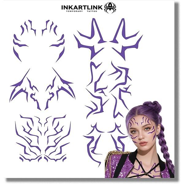 K-pop Temporary Tattoos for Coser, Kpop Anime Cosplay Purple Body Tattoo Stickers, Fake Tattoo Costume Accessories for Halloween Christmas Party Favors (Laser 6 pcs)Pack of 8