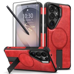 Strong Magnetic for Samsung Galaxy S26 Ultra Case Leather,[Compatible with MagSafe], Adjustable Kickstand, Shockproof Protective Cover for Samsung S26 Ultra (Red)