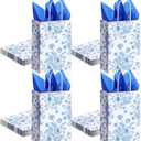 Sinload 24 Pcs Blue Floral Paper Gift Bags with Tissue Paper Elegant Blue White Party Bags with Handles for Bridal Showers Weddings and Birthday