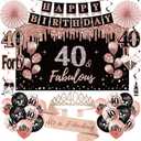 40th Birthday Decorations for Women, 33pcs Black Rose Gold Happy 40th Birthday Banner Crown and Sash Balloons Backdrop Hanging Swirls Paper Fans, 40 Years Old Party Supplies Kit
