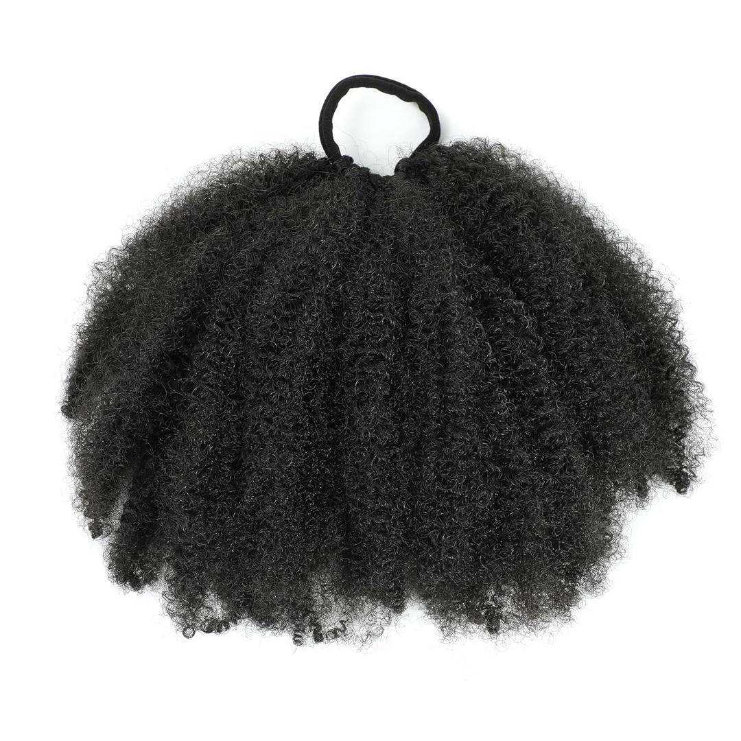 Kid's Summer 1Pack Afro Puff Bun 4A/4B/4C Afro Kinky Curly Coily Natural Hairstyle For Black Women Synthetic Short Hair Extension Ponytail (Natural Black, Afro-8inch) 