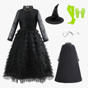 Witch Costume for Girls, Halloween Black Witch Dress Cosplay Outfit With Cloak Hat Size 13-15 Years