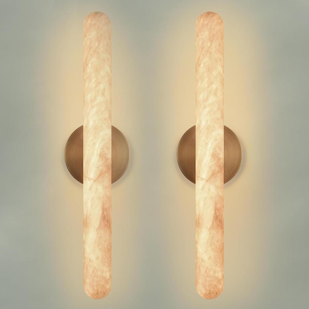 Alabaster Wall Sconce, Solid Brass, Hardwired, 23.6 in, Set of 2 | Natural Spanish Alabaster, LED Wall Lamp for Bathroom, Living Room, Bedroom, Hallway, Staircase, Dining Room