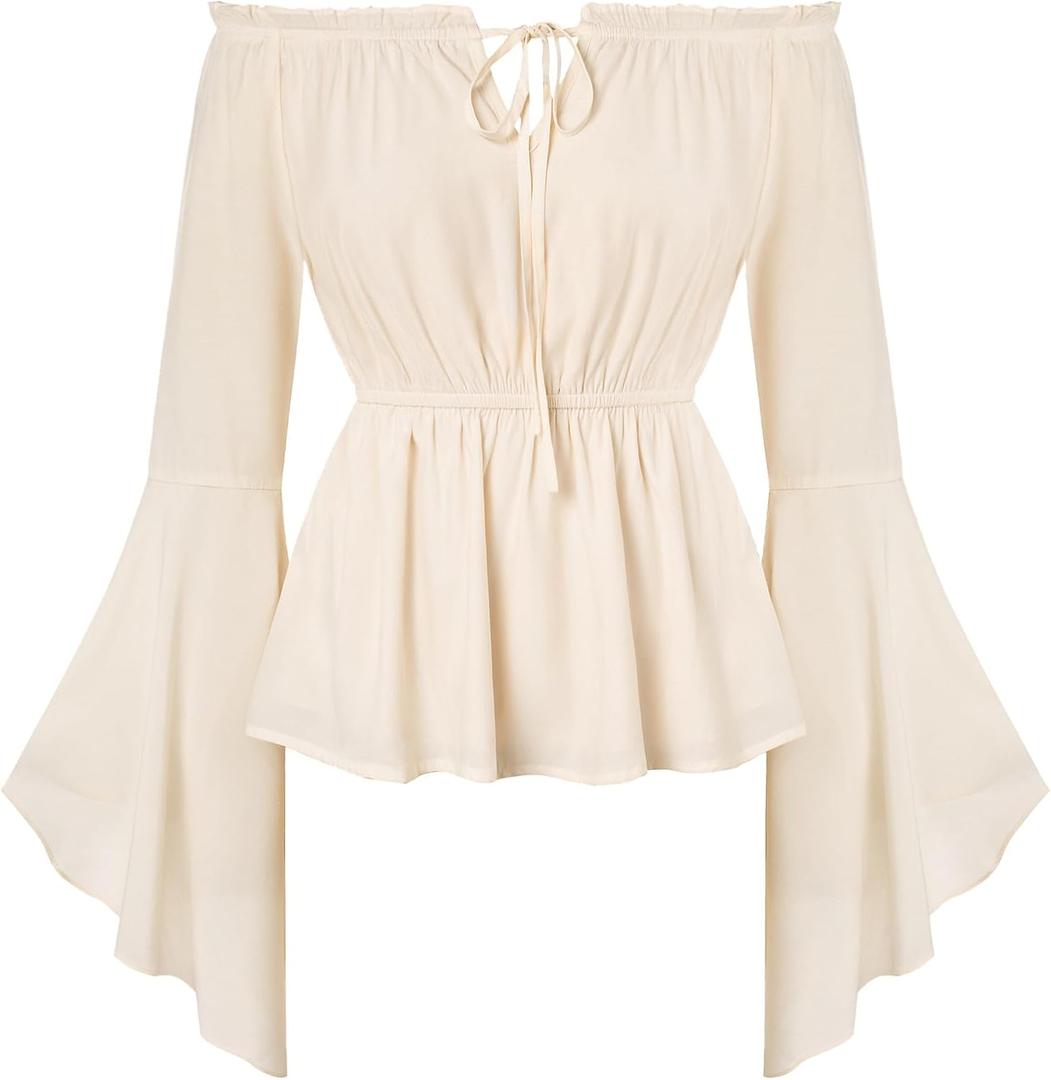 Women's Renaissance Peasant Blouse Medieval Victorian Off Shoulder Long Sleeve Shirt Beige 2XL