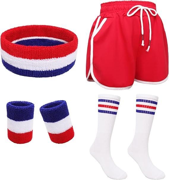Fumwase 6Pcs 80s Workout Costume Outfit Set Running Shorts Sweatband Wristbands Striped-Tube Socks for Men Halloween Cosplay, XL