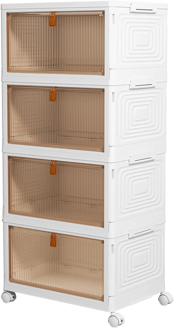 Foldable White Plastic Shoe Rack 2/3/4/5/6 Tier Stackable Storage Cabinet Box - Rolling Closet Storage Organizer Containers With Lids & Lockable Wheels For Home (4 Tiers)
