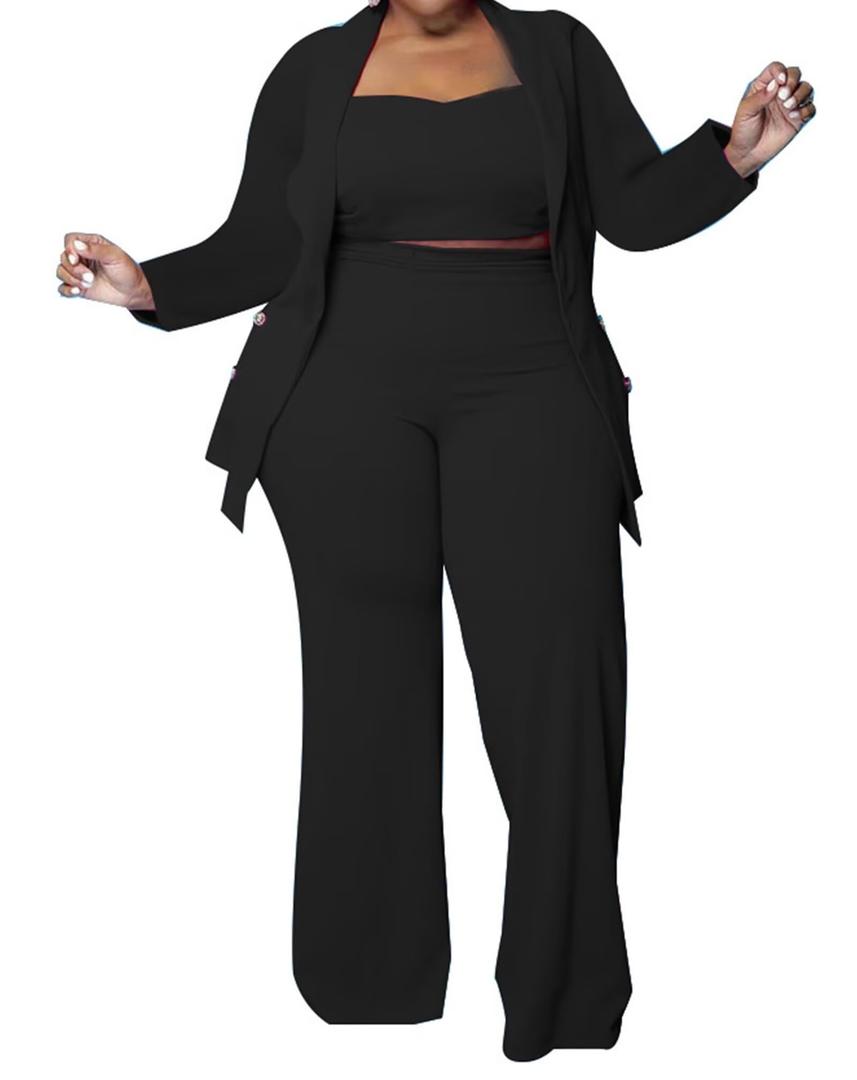 Women's Plus Size Tracksuit Winter Autumn Long-Sleeved Blazer Jacket Long Pants Suits Three Piece Sets Outfit (Black, XXL)
