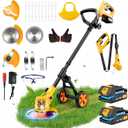 Electric Weed Wacker Cordless with Wheels,Electric Weed Eater Battery Powered 4000mAh,4 in 1 Grass Trimmer/Brush Cutter/Grass Edger/Small Lawn Mower,No String Trimmer with Blade, 2 Battery (Yellow)