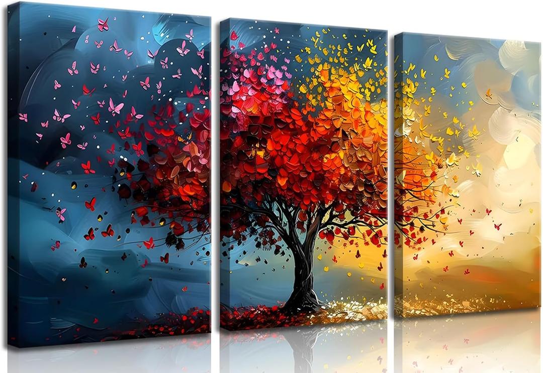 Qenundme 3pcs Tree of life Canvas Wall Art for Living Room Wall Decor Artwork Large Abstract Colorful Blooming Tree Pictures Paintings Modern Tree Poster Prints Bedroom Office Home Decor 12X16in (16L" x 12W")