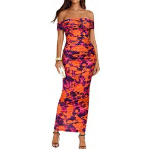 BTFBM Cocktail Dresses for Women 2026 Elegant Classy Off Shoulder Bodycon Mesh Slit Floral Maxi Spring Summer Dress (L)