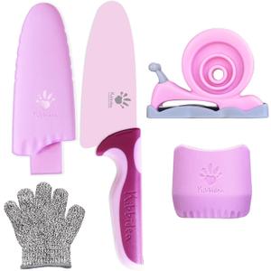 Kibbidea Kids Knife Set for Real Cooking, 4-Piece Stainless Steel Kids Chef's Knives with Peeler, Finger Guard, Protective Glove for Cutting Peeling, Kitchen Knives for Teenager 8-12 (Purple)