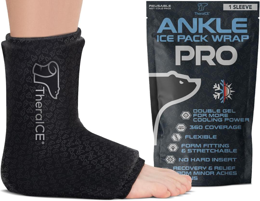 TheraICE Ankle Ice Pack Wrap for Swelling, Sprained Ankle Brace for Women Men, Cold Foot Heel Spur Support Compression Socks, Plantar Fasciitis Achilles Tendonitis Pain Relief FocusZone Extra Cooling