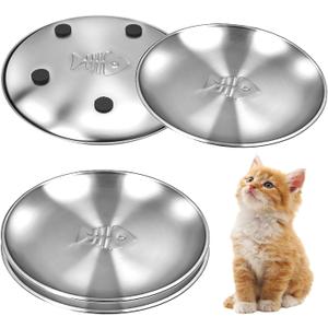 Stainless Steel Cat Dishes with Fishbone Pattern, Metal Cat Food Dishes, 6.7" Wide Whisker Friendly Cats Plates, Cute Plates with Non-Slip Pad for Indoor Cats, 4 PCS