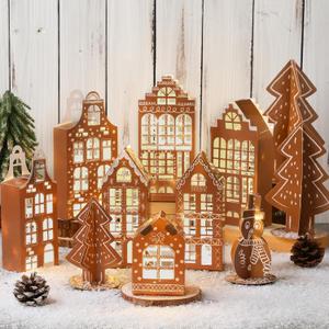 11 Pcs 3D Gingerbread Christmas Village Houses Paper Christmas Village Set Brown Xams Houses Decorations Paper Xams Trees Snowman Figurines Scene for Winter Holiday Desktop Mantel Decor