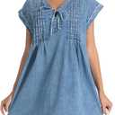 Womens Denim Romper 2025 Jean Dress V Neck Shorts Sleeves Tie Front Ruffle Overall Dress with Pockets (Blue, S)