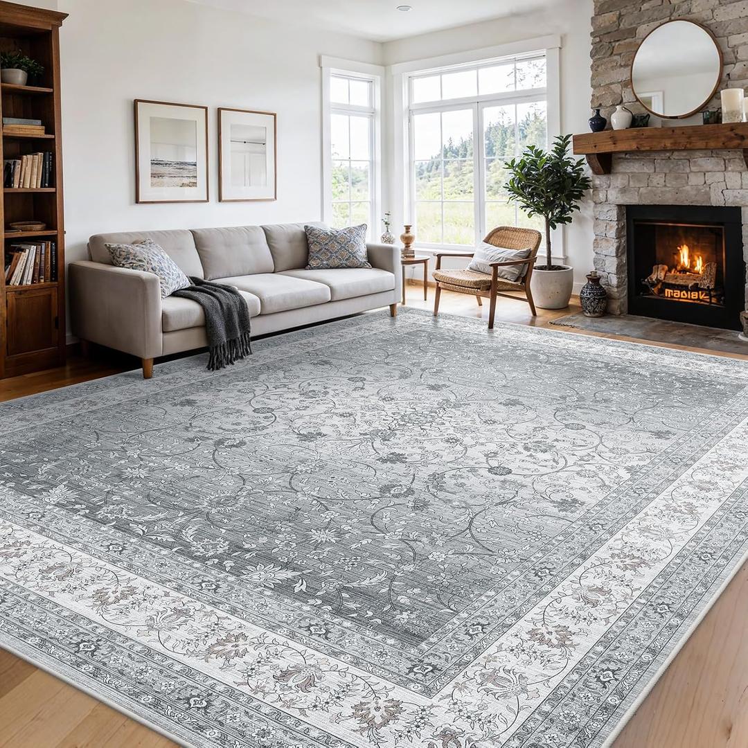 AMADA HOMEFURNISHING 8x10 Area Rugs, Washable Living Room Rug with Non-Slip Backing, Low Pile and Durable Edge Binding, Soft Vintage Floral Rugs for Living Room, Bedroom, Dining Room (Silver/Gray)