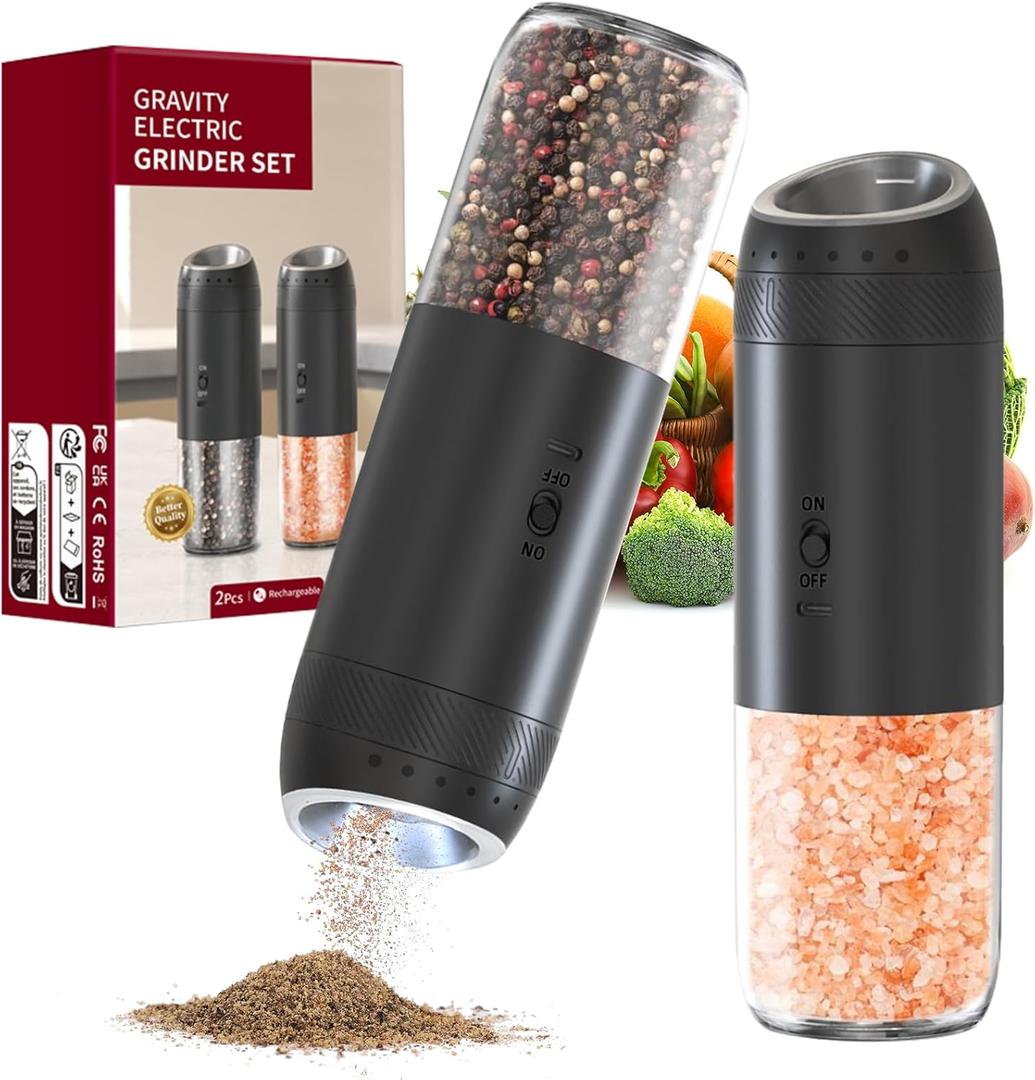Gravity Electric Salt and Pepper Grinder Set Rechargeable, External Adjustable Coarseness, Automatic Salt and Pepper Shakers Mill with LED Light, 6oz/176ml Large Capacity, House Warming Gifts (2 Pack)