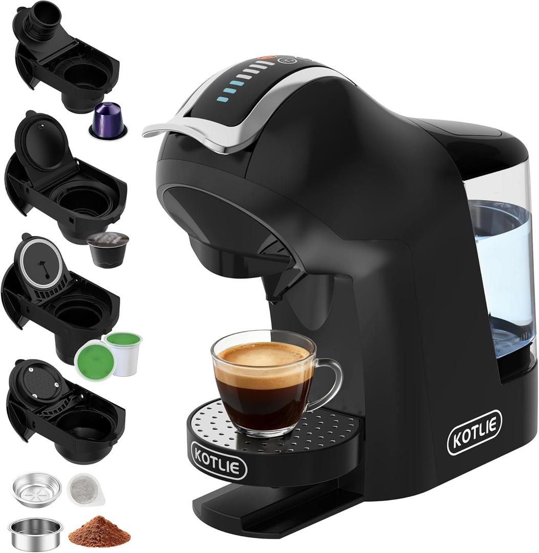 KOTLIE EM-308B Espresso Machine, Single Serve Coffee Maker Compatible with Multiple Capsule Types, Ground Coffee, and ESE Pods, 3 Temperatures, 7 Water Volume Levels, 34 Oz (Black)