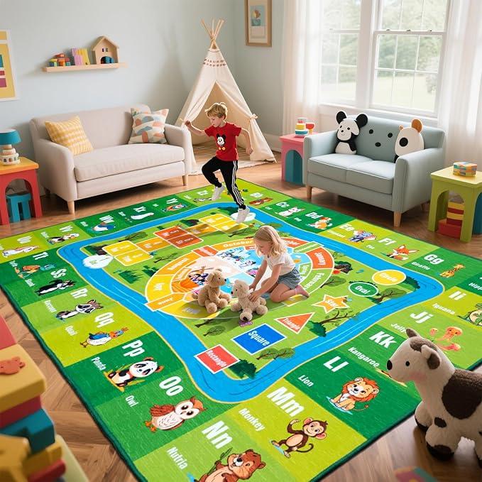 junhejiamei 8'x 10' ABC Rug, Kids Rugs for Playroom Classroom Bedroom, Educational Learning Play Mat with Alphabet Animals Numbers & Shapes (8x10 Feet), Green