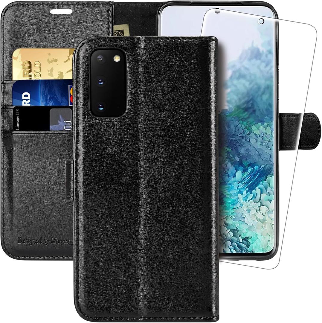 MONASAY Wallet Case Fit for Samsung Galaxy S20 5G, 6.2 inch, [Screen Protector Included] Flip Leather Cell Phone Cover with RFID Blocking Credit Card Holder, Black
