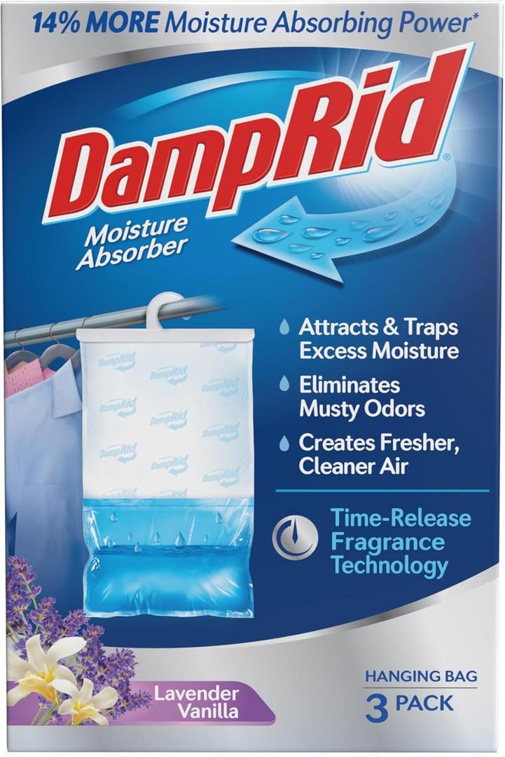 DampRid Lavender Vanilla Hanging Moisture Absorber, 16 oz., 3 Pack - Eliminates Musty Odors for Fresher, Cleaner Air, Ideal Moisture Absorbers for Closet, Blue, Small