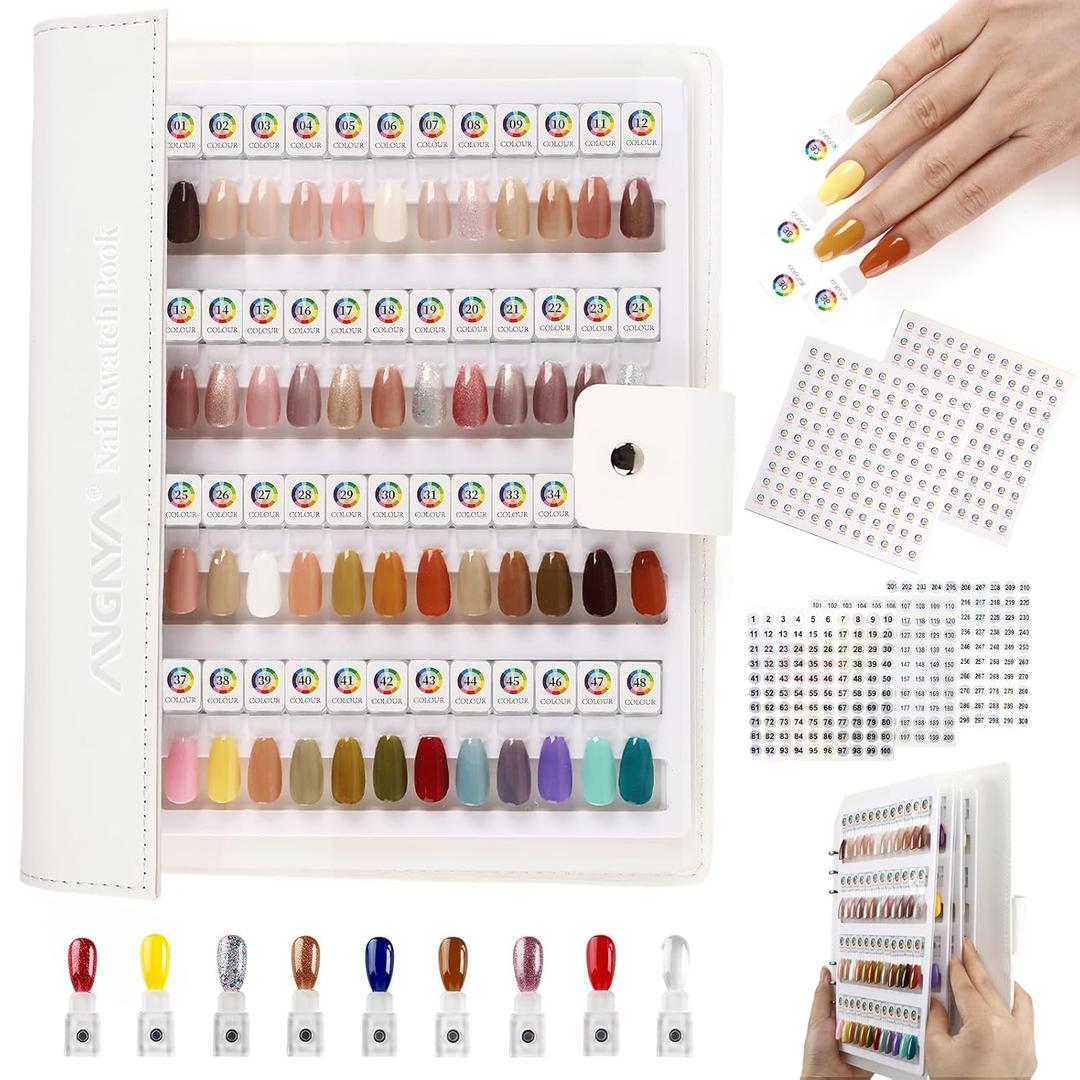 ANGNYA Magnetic Nail Swatch Book, 144 Nail Color Book Leather Nail Sample Display Book with144 Magnetic Tips & 1-240 Number Labels, Perfect for Professional Salon Nail Art Color Chart & Practice Stand (White)