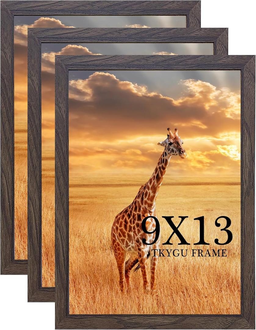 9 x 13 Picture Frame Set of 3, 13 x 9 walnut Wooden Frame Wall Gallery Poster Photo frame with Shatter Resistant Plexiglass,Horizontal and Vertical Formats for Wall Hanging, best gift