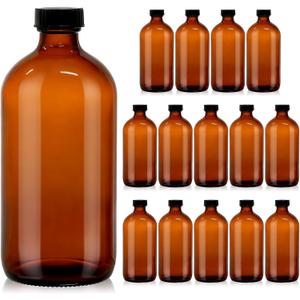 15 Pack 16 oz Amber Glass Boston Round Bottles with Phenolic Polycone Caps  Airtight, Leak-Proof Brown Bottles for Kombucha Brewing, Storing Condiments, Essential Oils, and Homemade Solutions