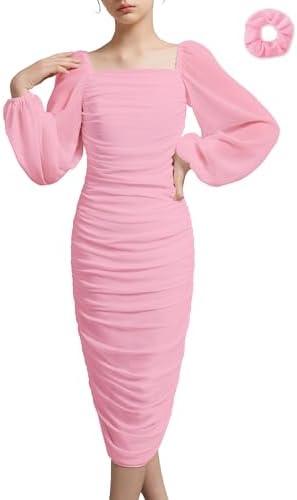 EXARUS Girls Ruched Bodycon Dress Teens Graduation Dance Party Chiffon Lantern Sleeve Midi Long Dresses , Size 10Y