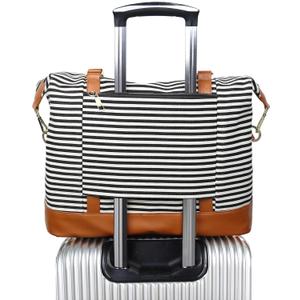 BLUBOON Travel Tote Bags with Zipper Ladies Canvas Bag Weekender Overnight Bag for Women Carry on Duffel Bag Trolley Sleeve (Blackstripe)
