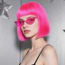 Short Hot Pink Bob Wig with Bangs 3Pcs Colorful Party Wigs Fun Funny Wigs for Women Neon Pink Bob Wig for Halloween Outfit Costume Party Pelucas De Mujer+Sunglasses+Hair Cap