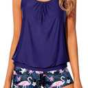 Yonique Blouson Tankini Swimsuits for Women 2 Piece Bathing Suits Tops with Boyshorts Modest Loose Fit Swimwear (Large, Flamingo)