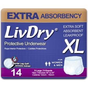 LivDry Adult XL Incontinence Underwear, Extra Absorbency Adult Diapers, Leak Protection, X-Large, 14-Pack