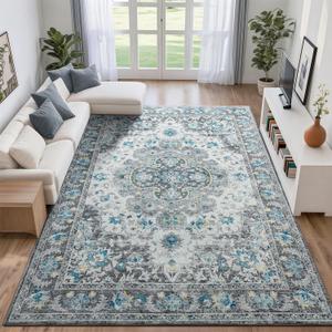6x9 Area Rug for Living Room, Machine Washable Rugs with Non-Slip Backing for Bedroom, Vintage Throw Rugs Low Pile Carpet for Dining Room Kitchen Office Home Decor, Grey