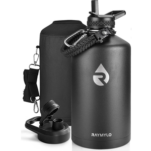 One Gallon Water Bottle Insulated, Triple Walled Vacuum Stainless Steel (Cold for 48 Hrs), Leak Proof & Non-BPA, Large Water Flask Jug with Paracord Handle & Straw Spout Lids (128 Ounces, Magic Black)