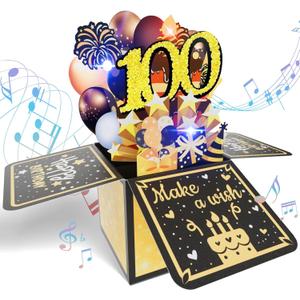 Happy 100TH Birthday Gift Card with Lights and Music, Funny 3D Pop Up Foldable Birthday Cards for Men Women Greeting Gifts for 100 Years Old Kids Boy Girl